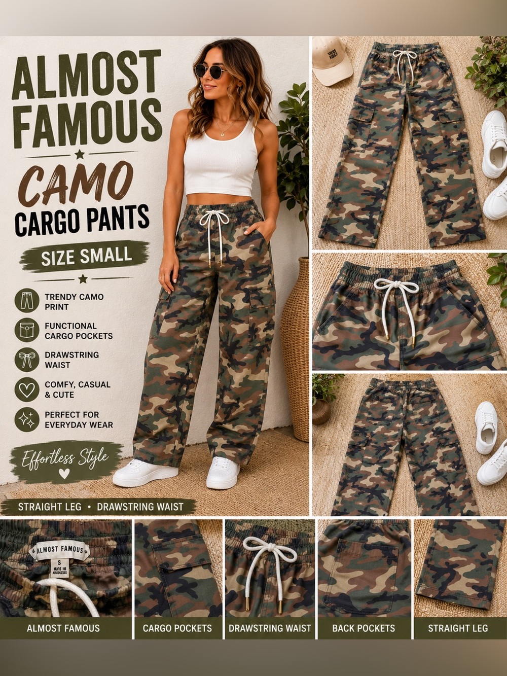 Almost Famous Camo Cargo Pants Size Small Drawstring Waist Straight Leg